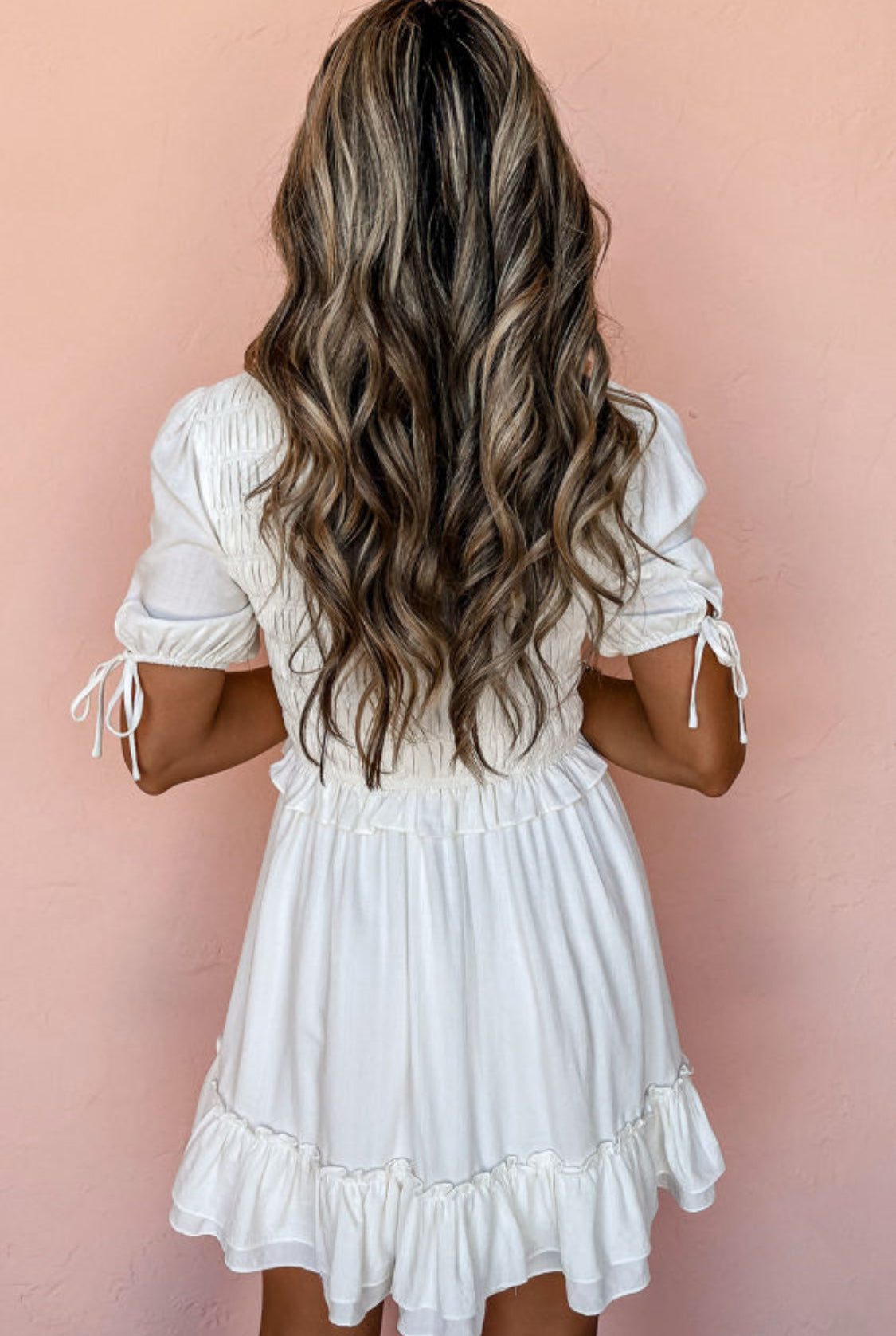 White smocked ruffle dress