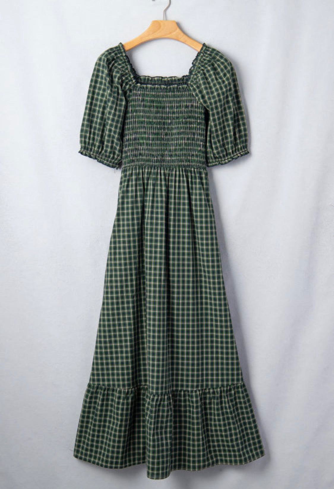 Green plaid square neck dress