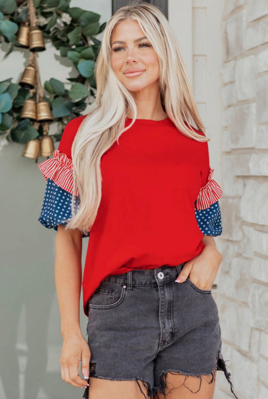 Red top blue stars sleeve