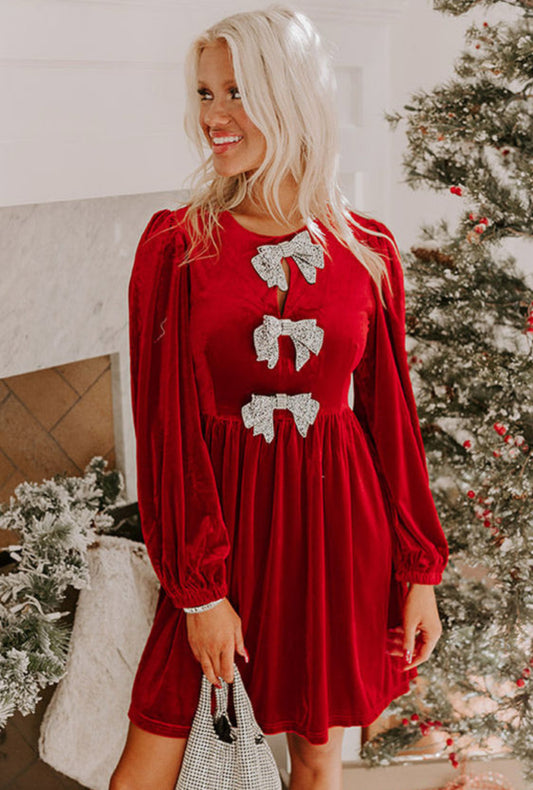 Red velvet dress with bows