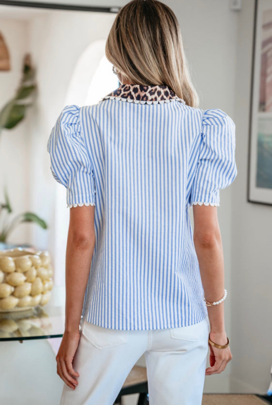 Blue stripes leopard V neck top