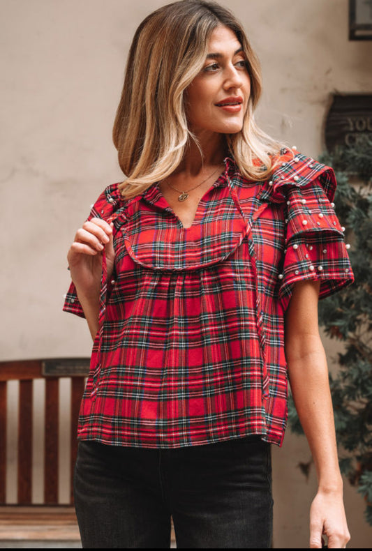 Red plaid pearl ruffle sleeve top