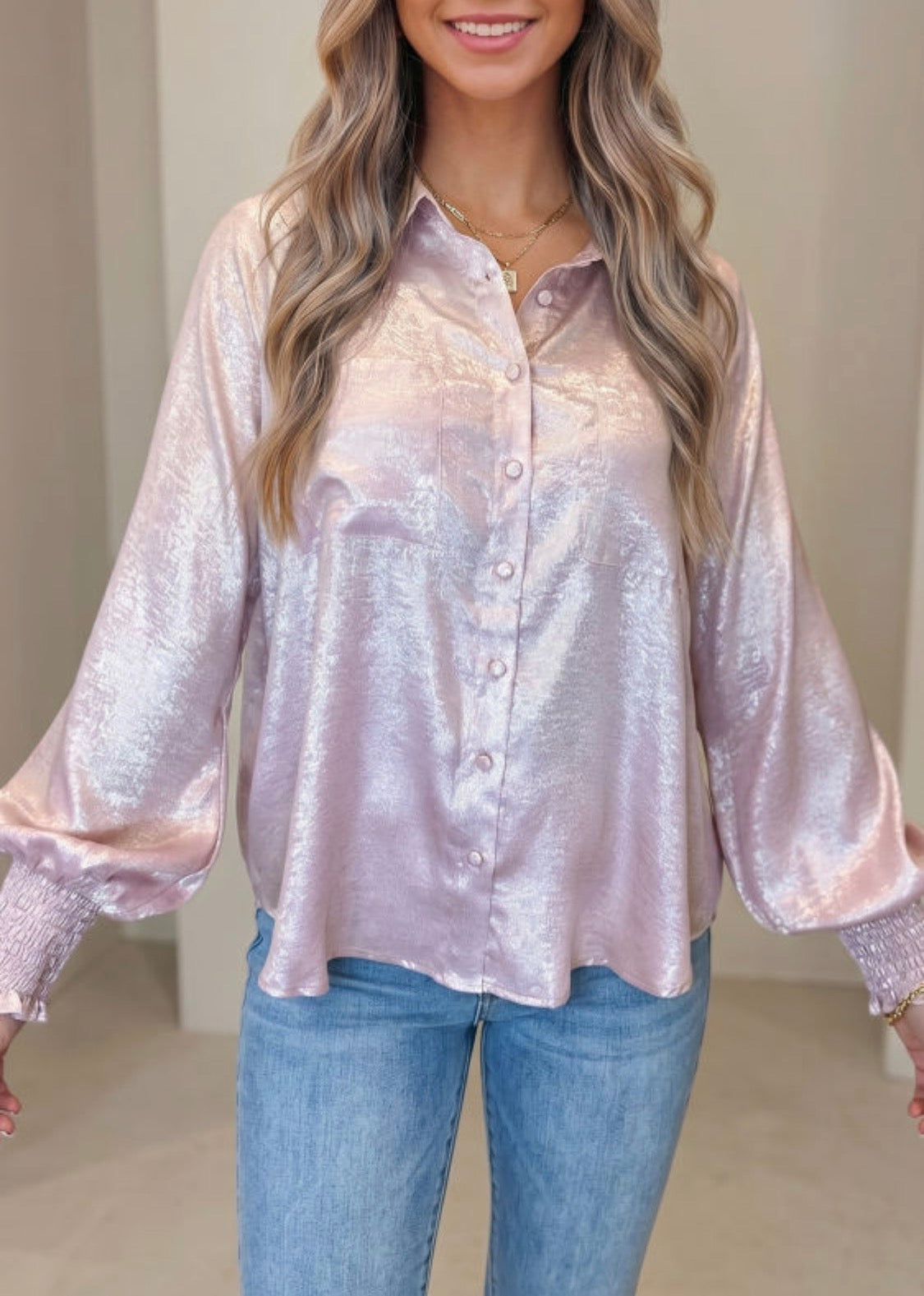 Pink metallic button down shirt