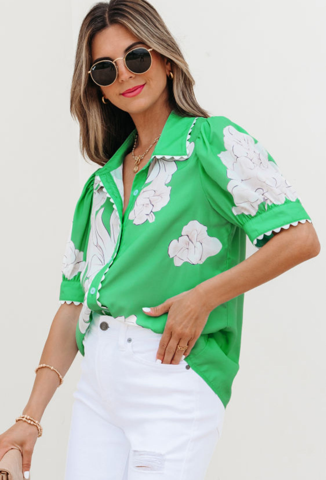 Green floral ric rac button up shirt