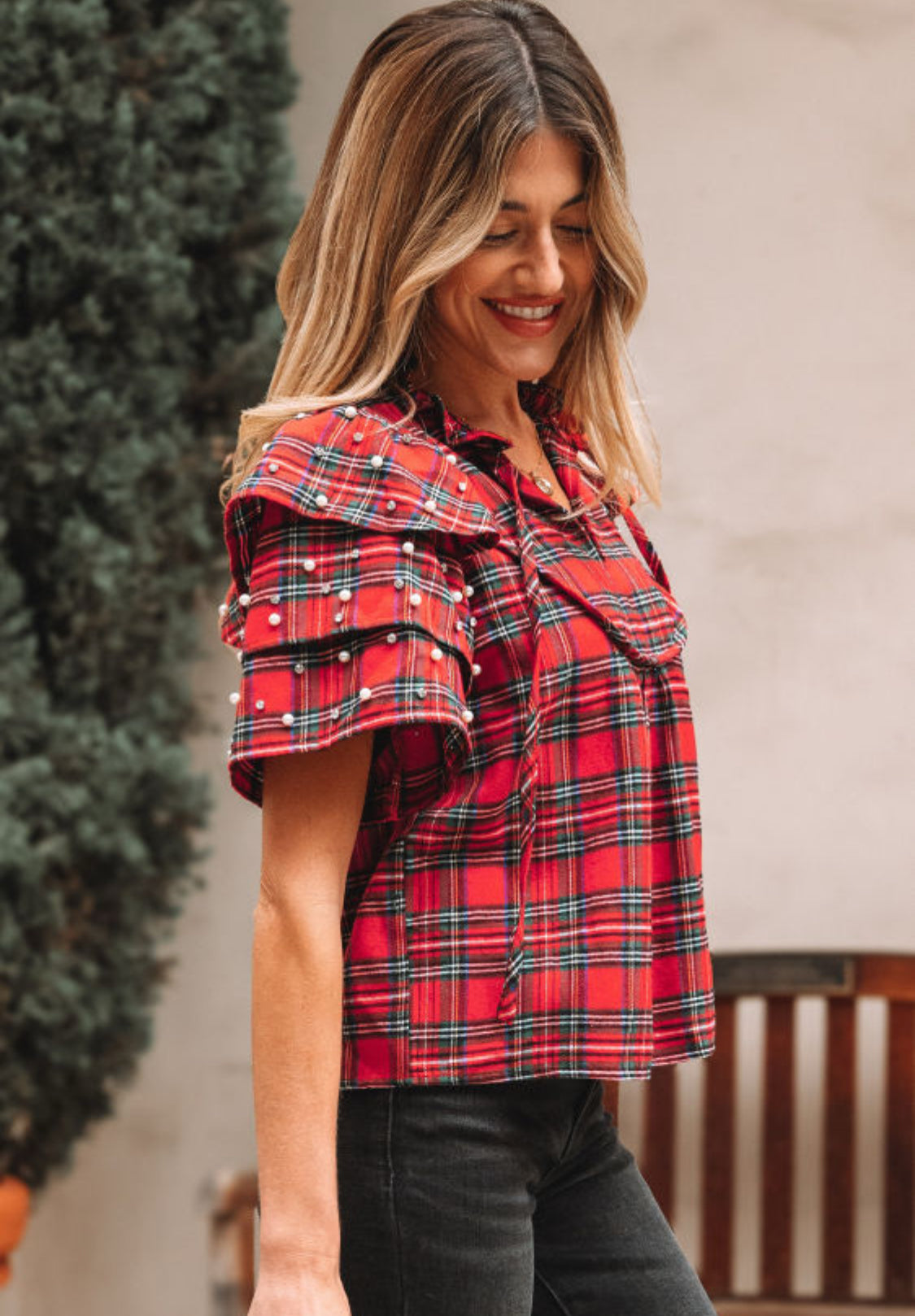 Red plaid pearl ruffle sleeve top