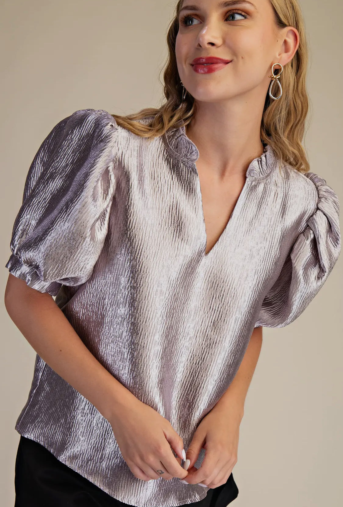 Silver metallic puff sleeve top