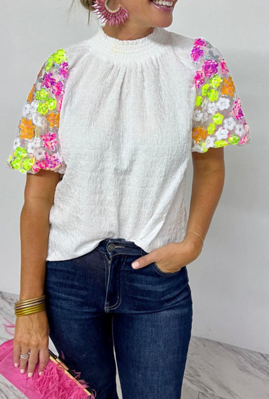 White smocked collar sequin flowers puff sleeve top