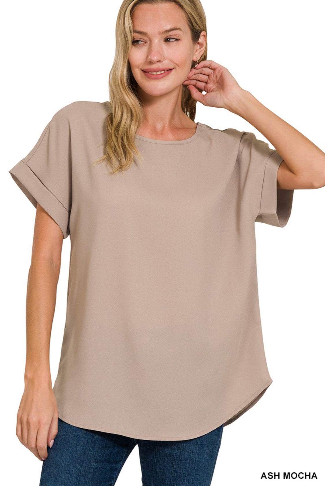 WOVEN HEAVY DOBBY ROLLED SLEEVE BOAT NECK
TOP