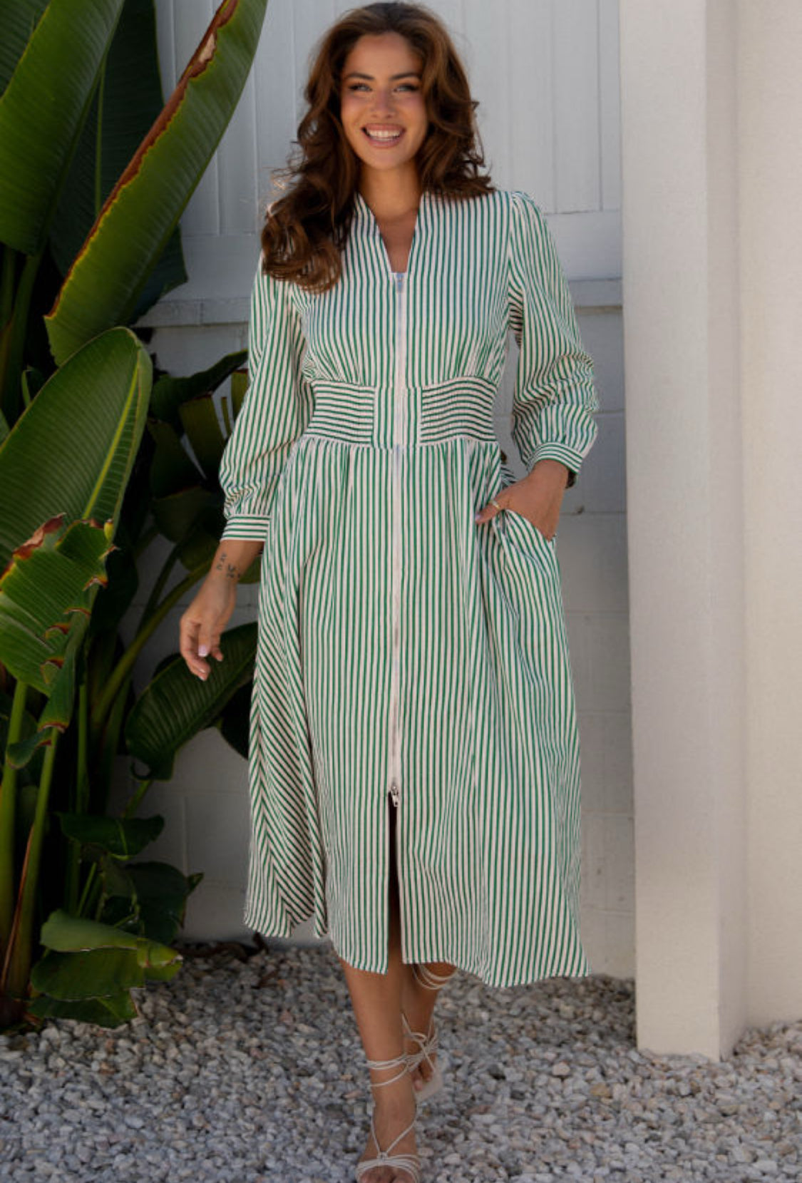 Green striped midi dress