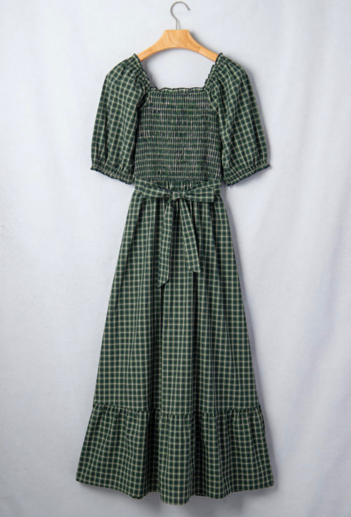 Green plaid square neck dress