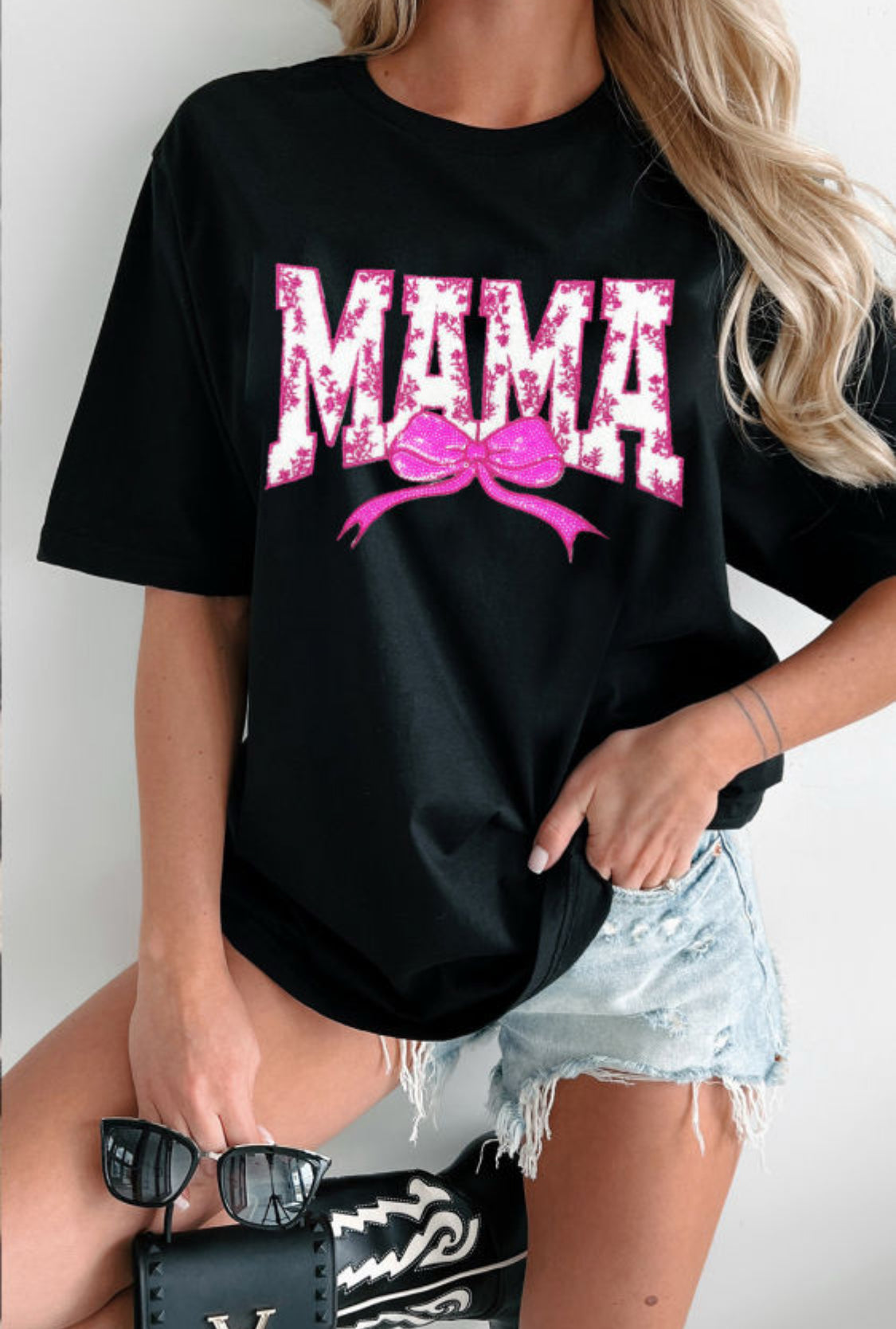 MAMA floral sequin bow tee