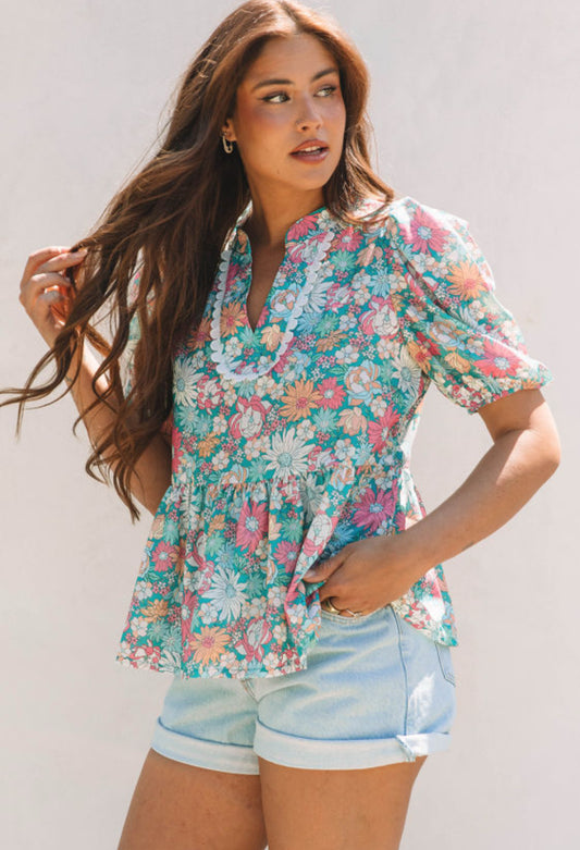 Green floral puff sleeve top