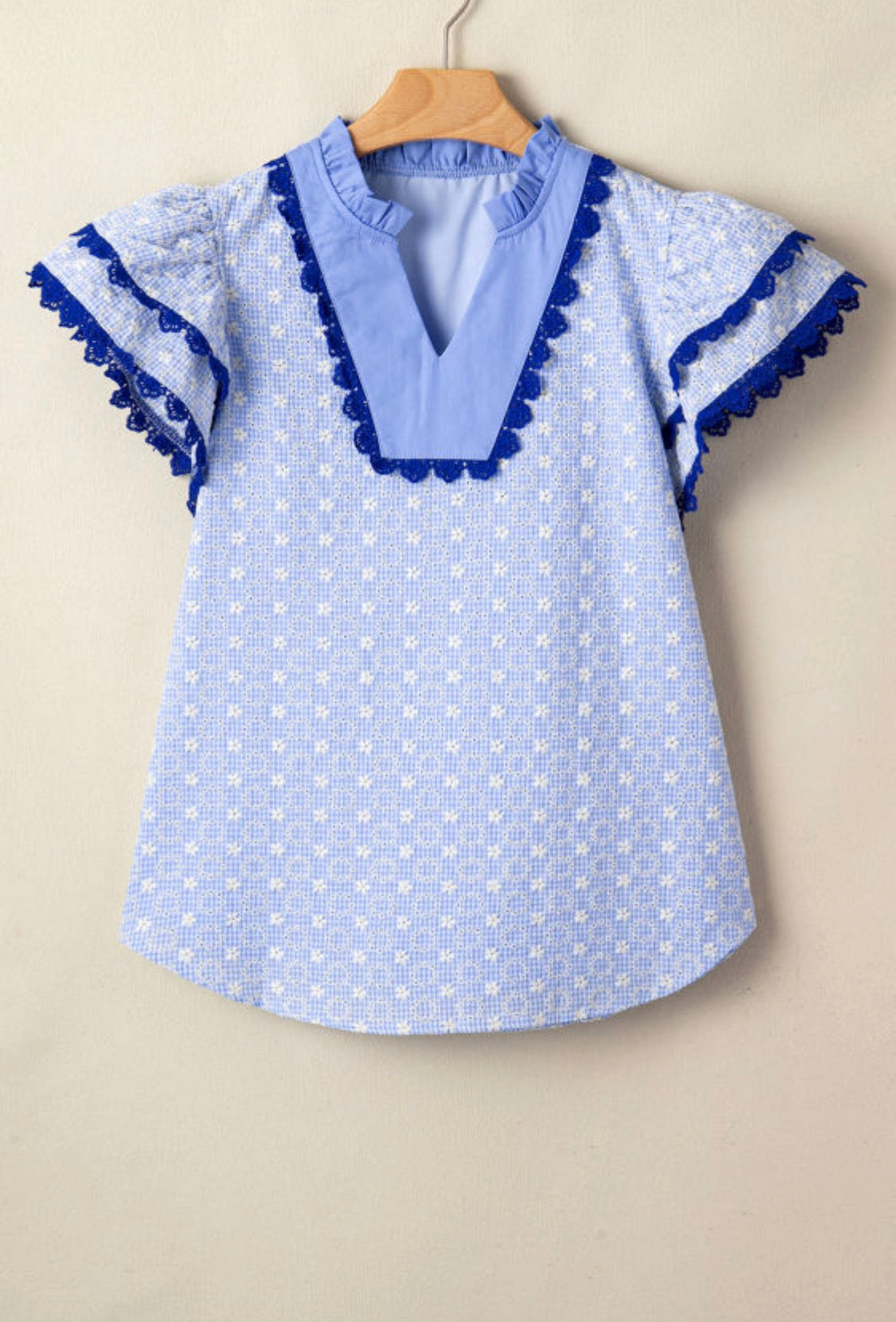 Blue embroidery flowers blouse
