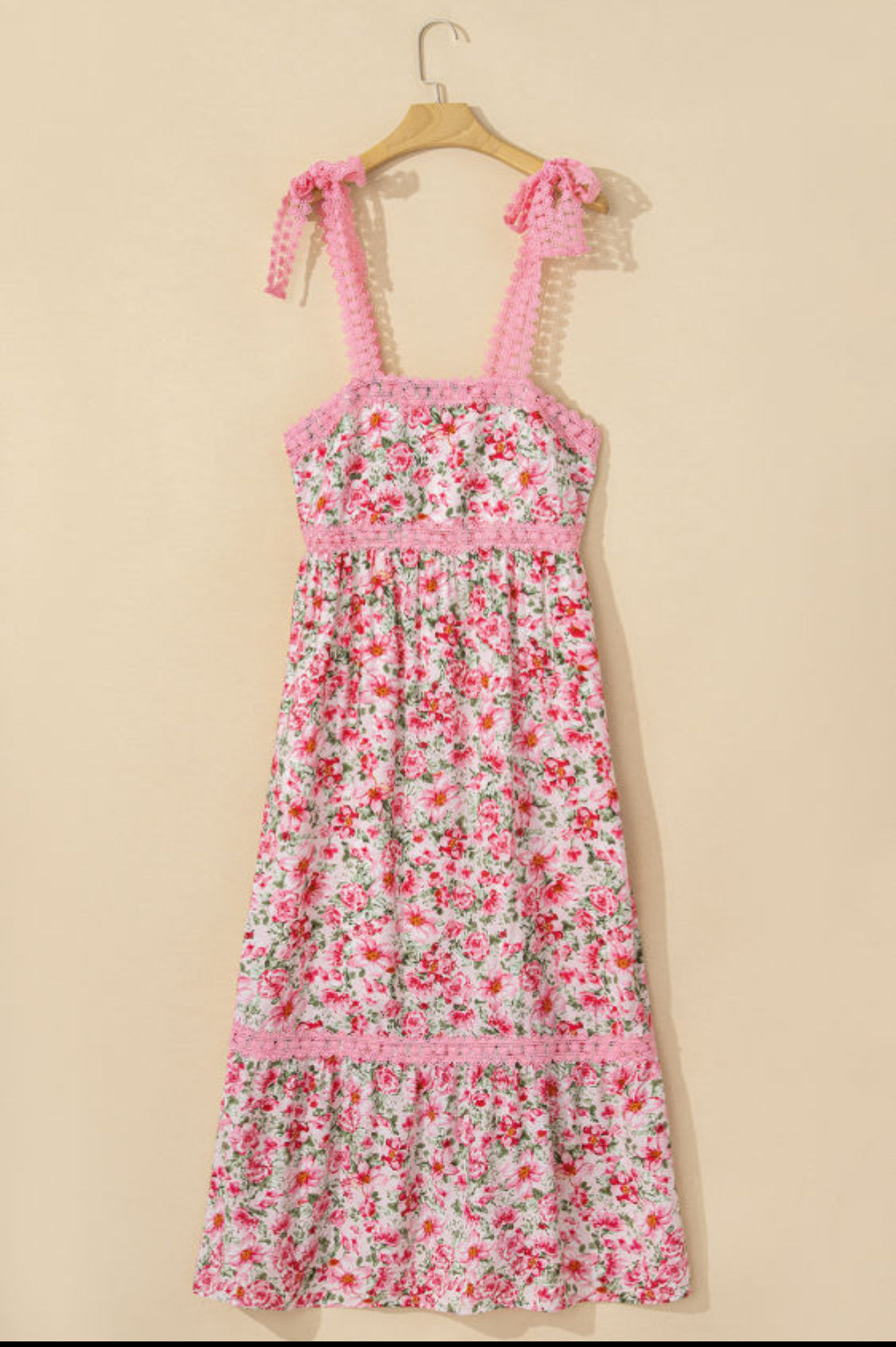Pink floral lace tied strap maxi dress