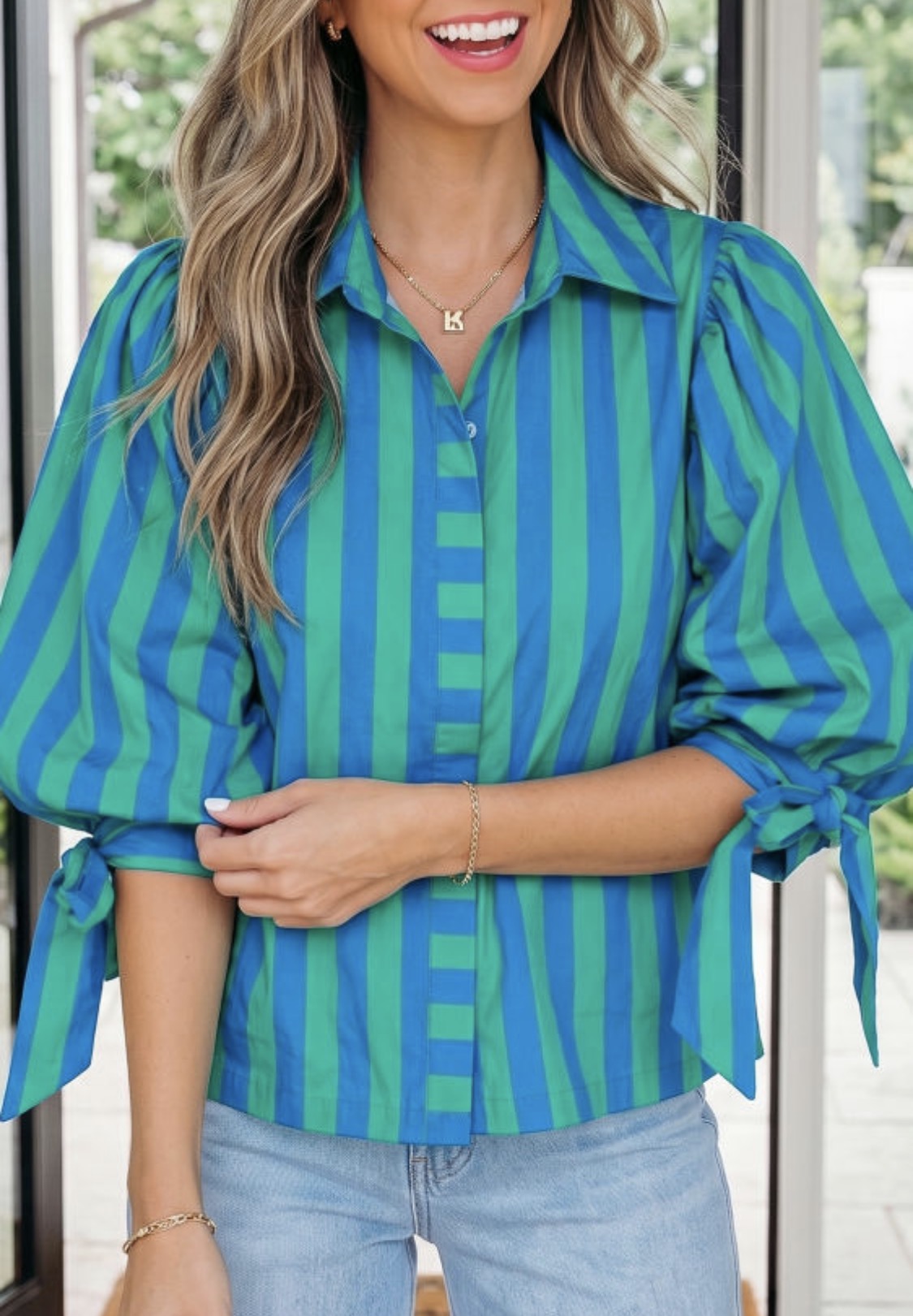 Blue striped button down top