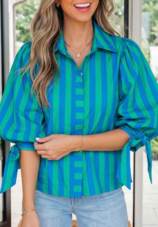 Blue striped button down top