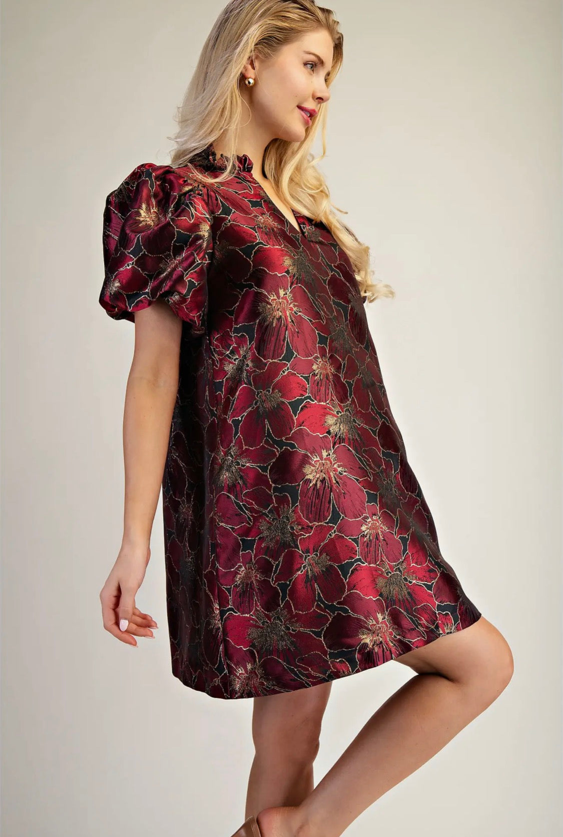 Ruffle V-neck puff sleeve dress
