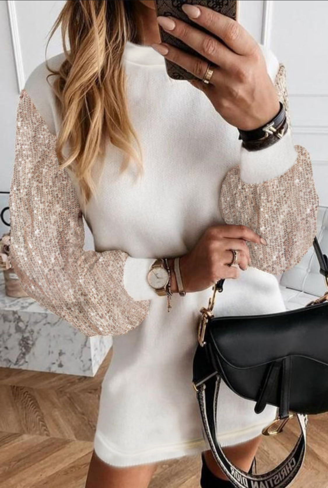 Gold sequin white mini dress