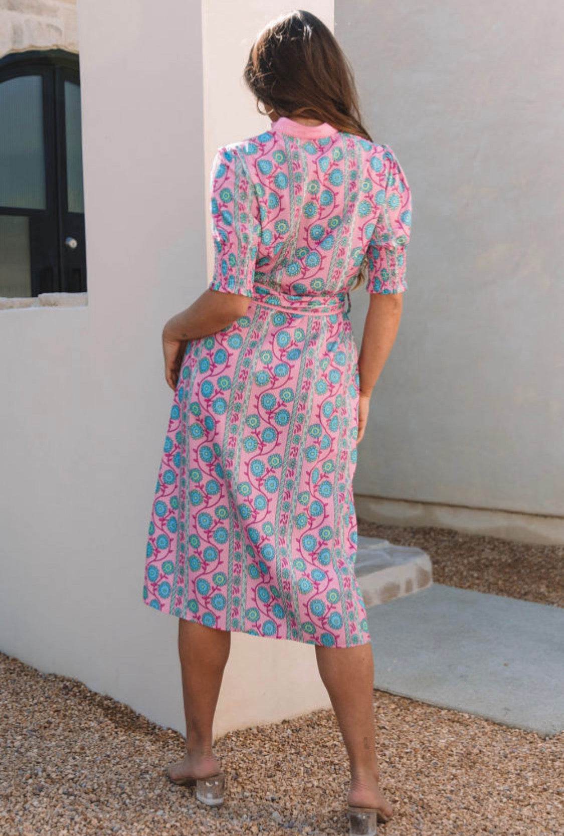 Pink floral midi dress