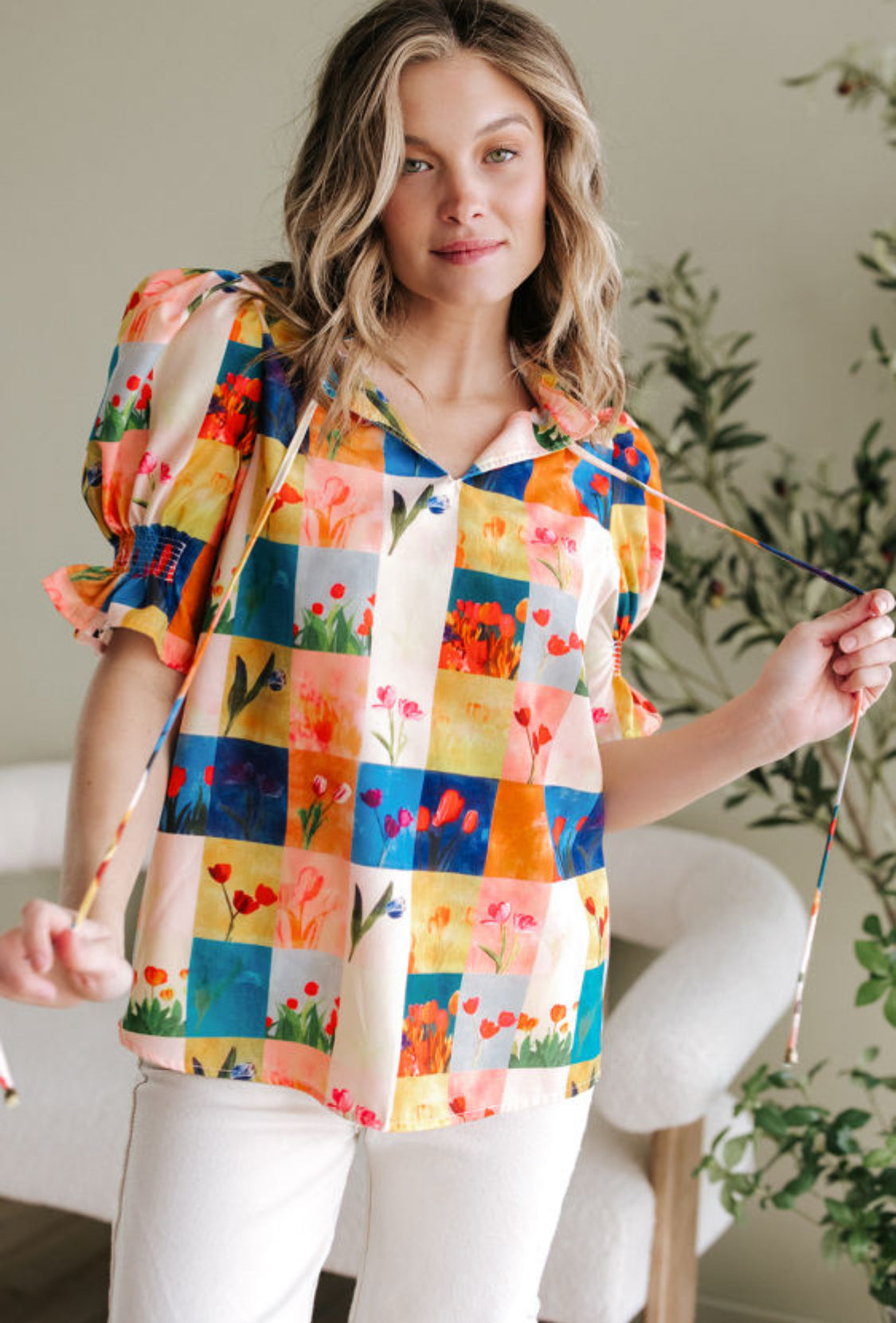 Multiple colors floral checker print top