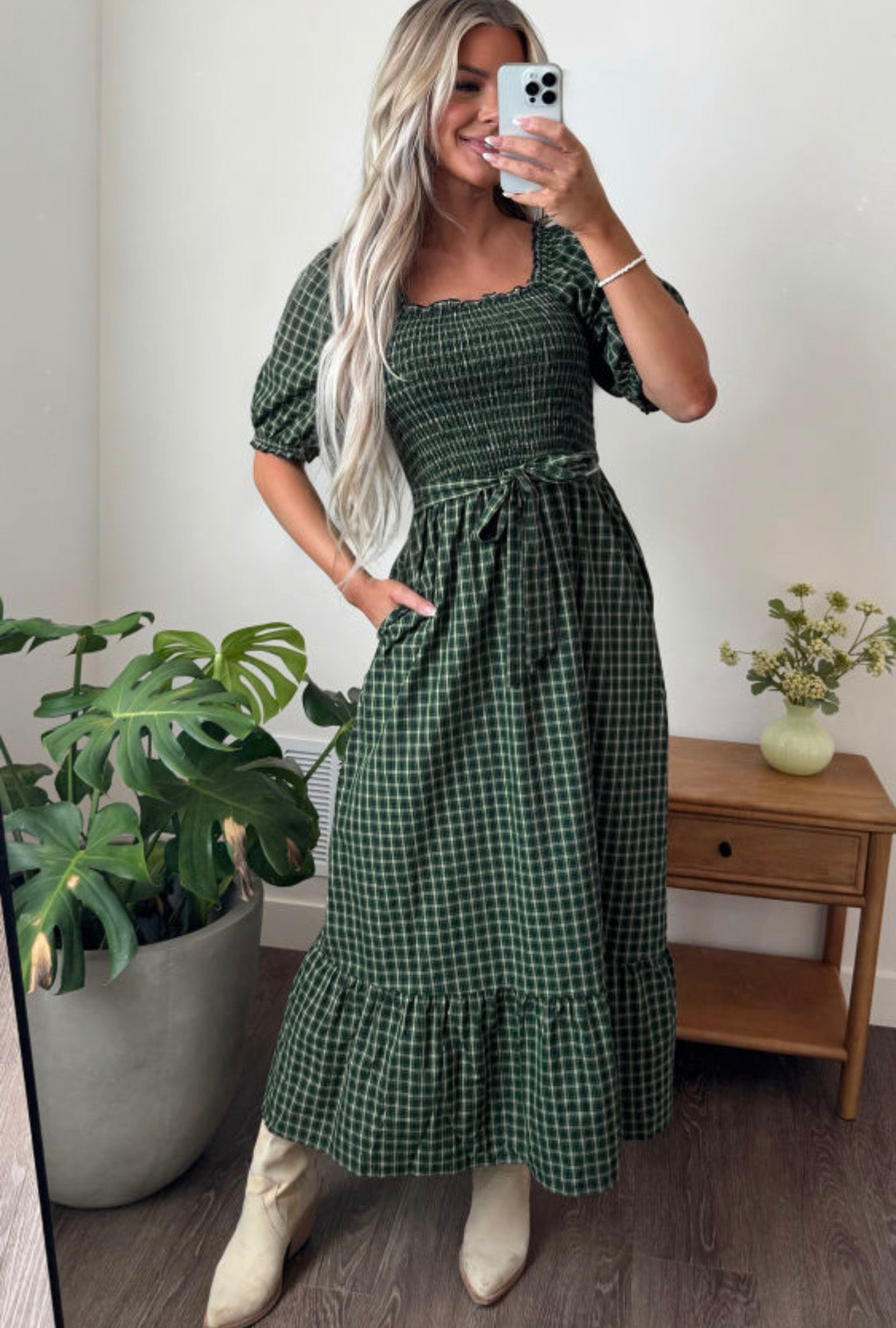 Green plaid square neck dress