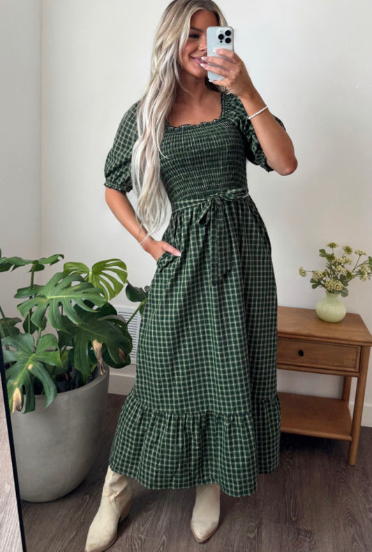 Green plaid square neck dress