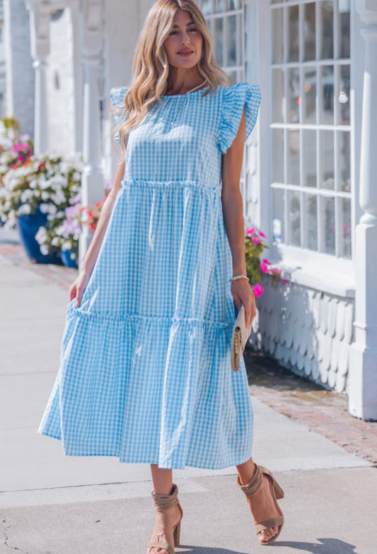 Blue gingham maxi dress