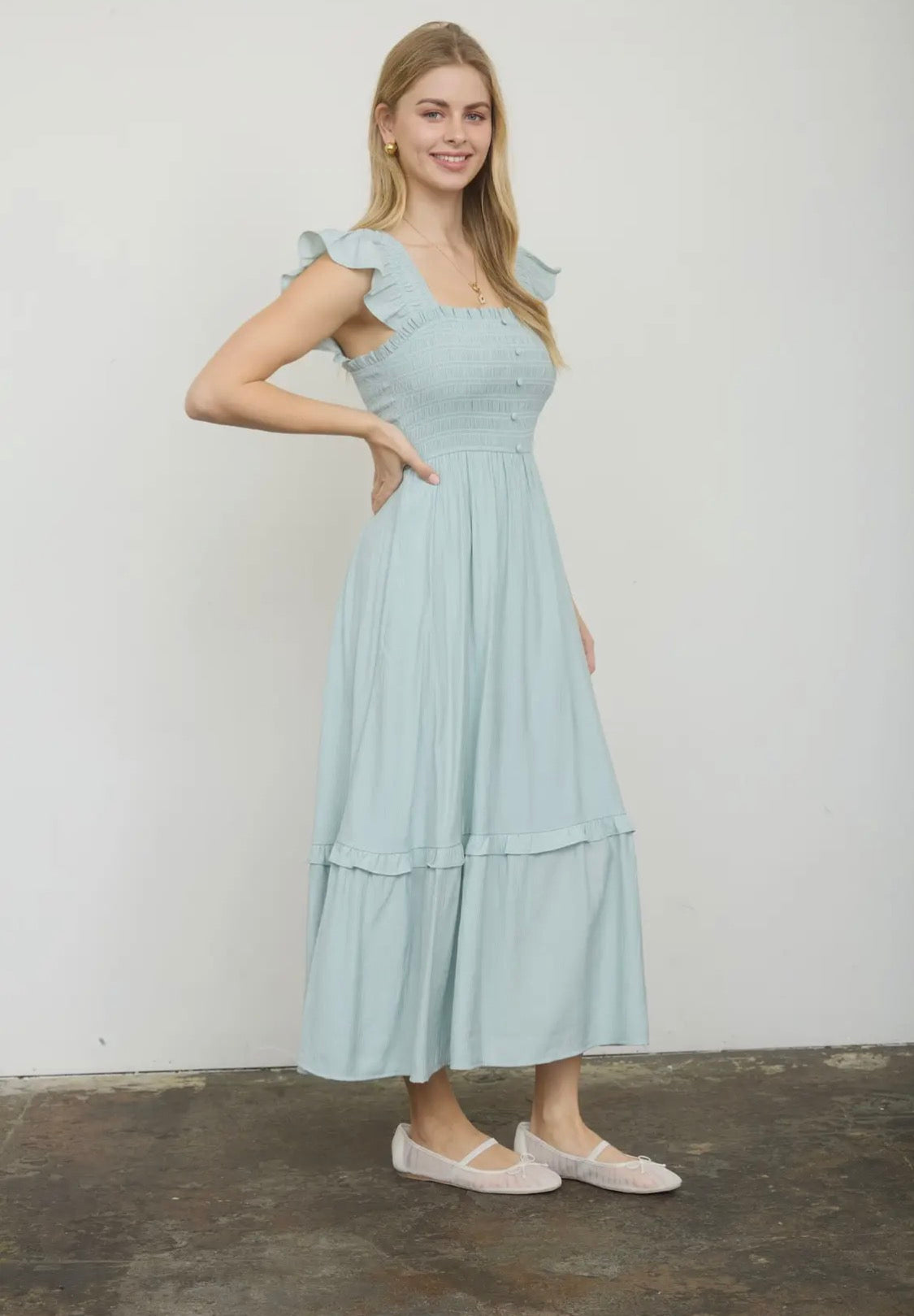 Sage smocked ruffle midi dress