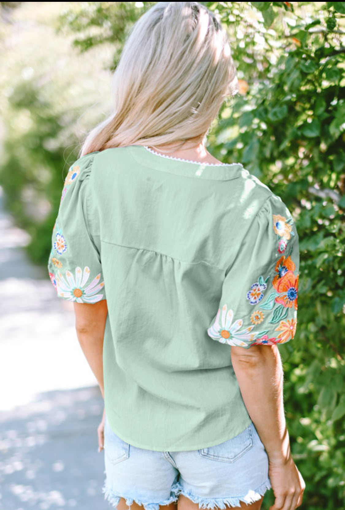 Aqua floral embroidery top