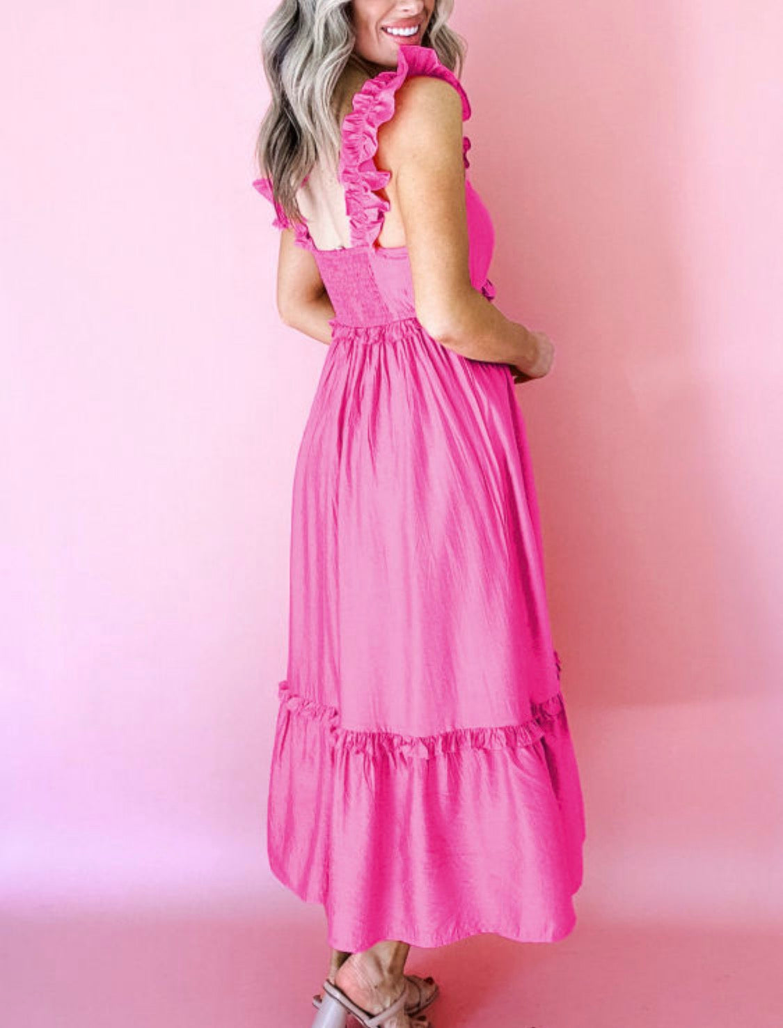 Pink ruffle midi dress