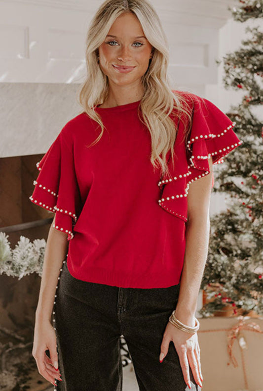 Red pearls ruffle sleeve sweater