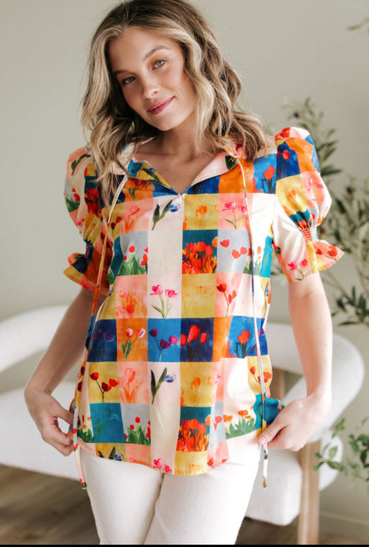 Multiple colors floral checker print top