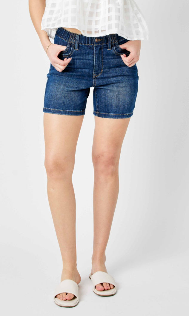 HIGH WAIST ELASTIC WAIST MID LENGTH SHORTS