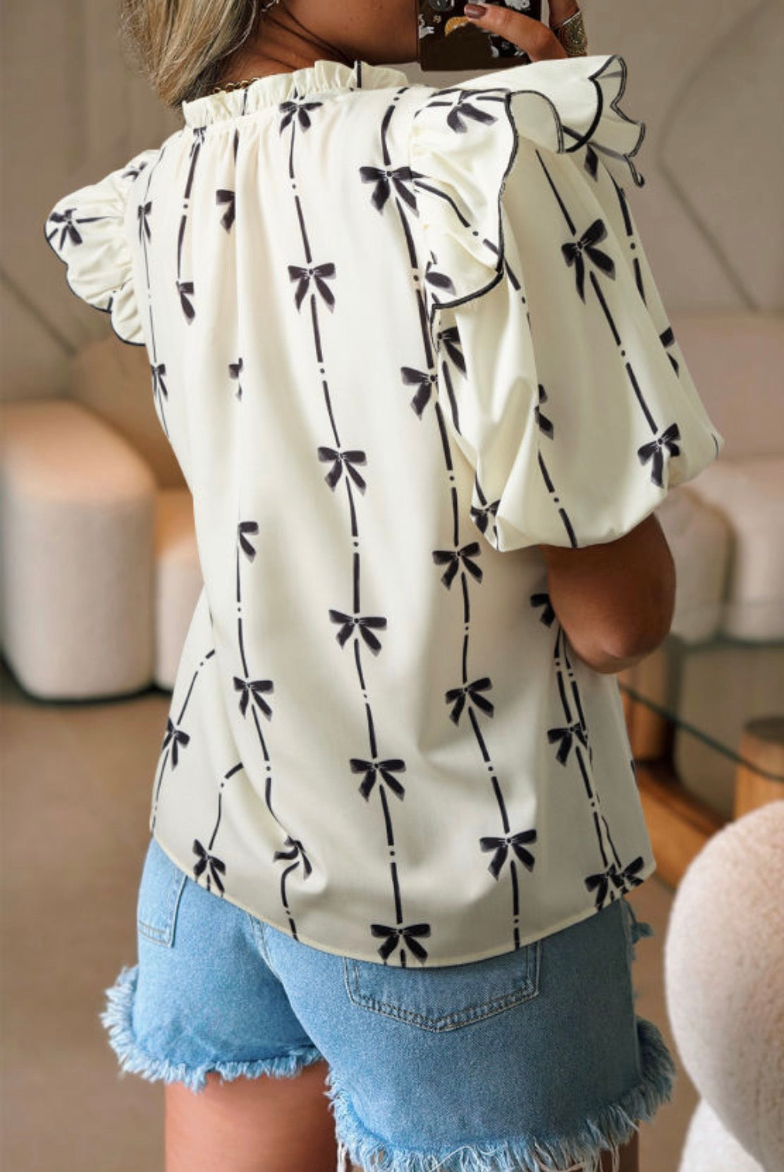 Cream bows print top