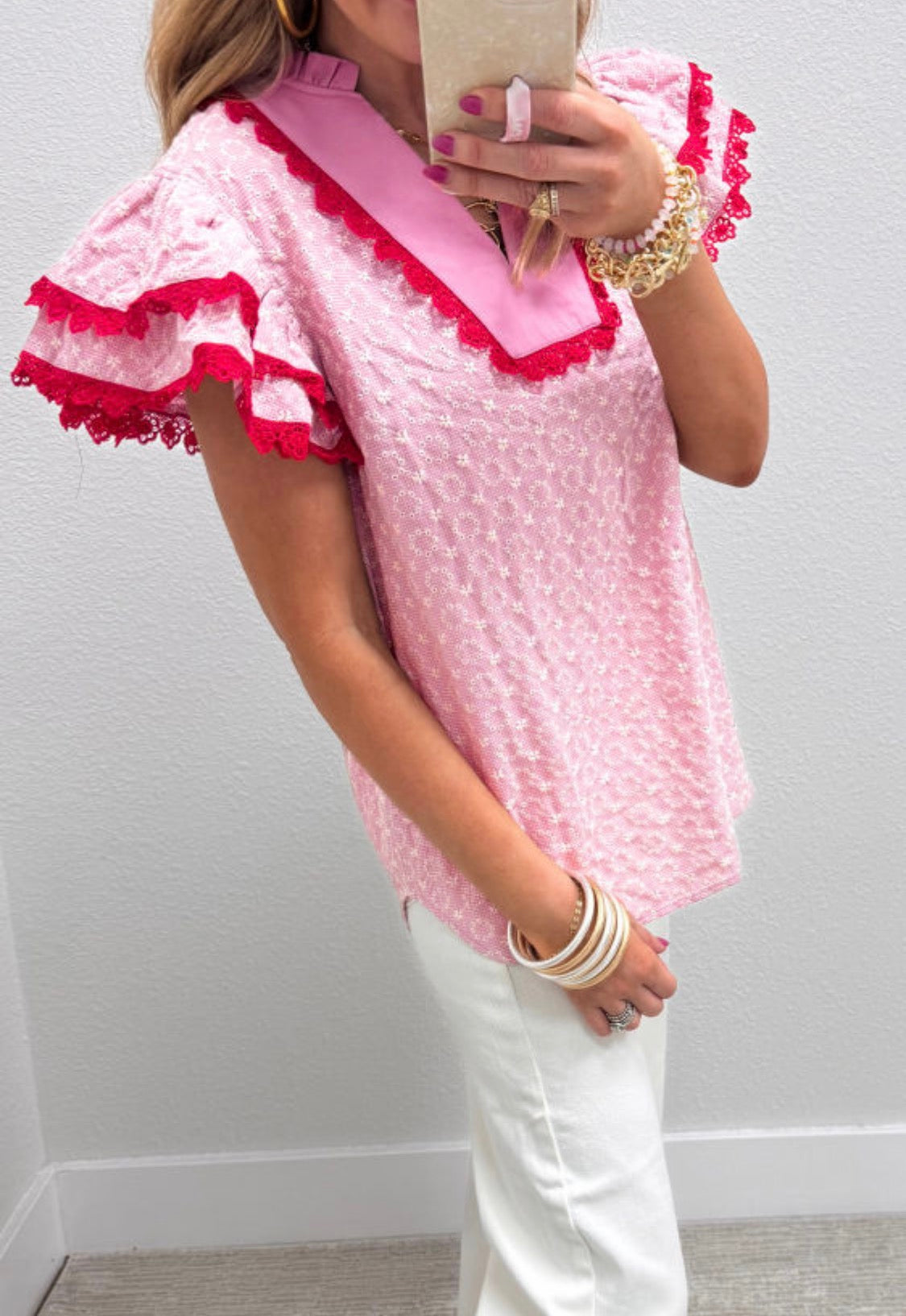 Red embroidery flower blouse