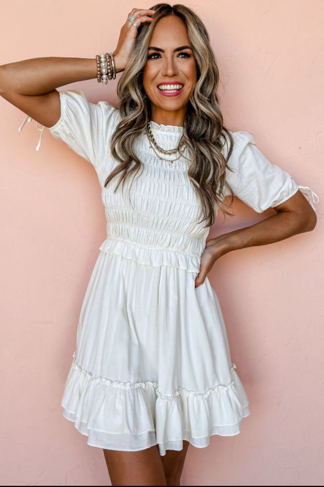 White smocked ruffle dress