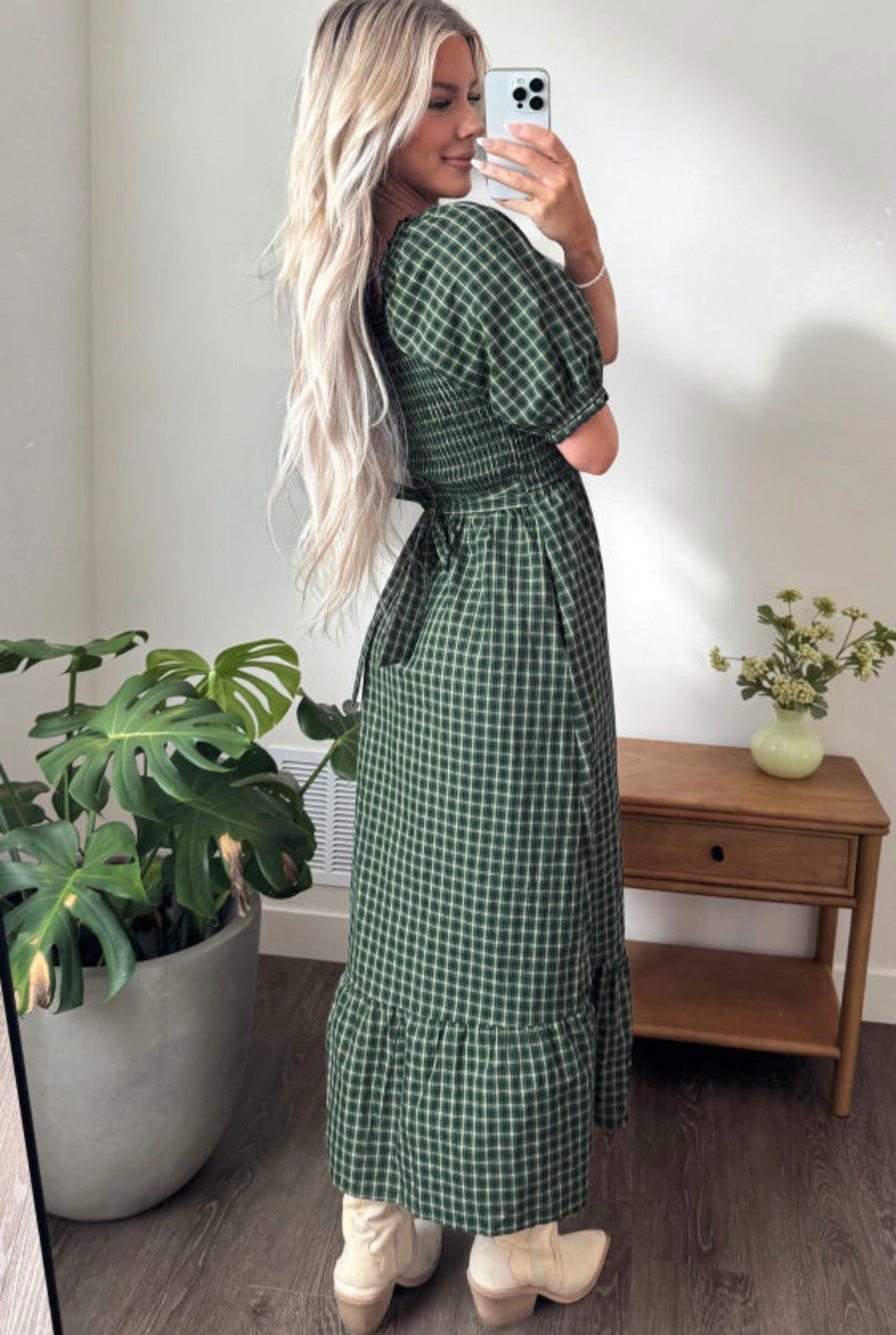 Green plaid square neck dress