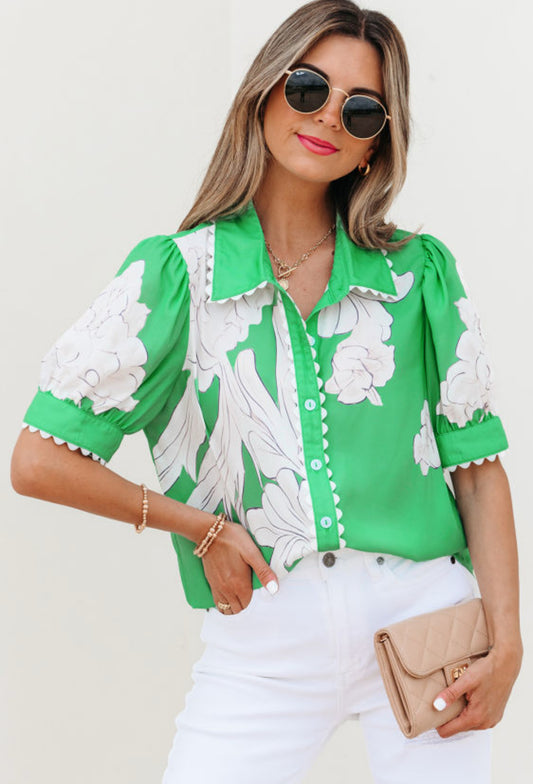 Green floral ric rac button up shirt